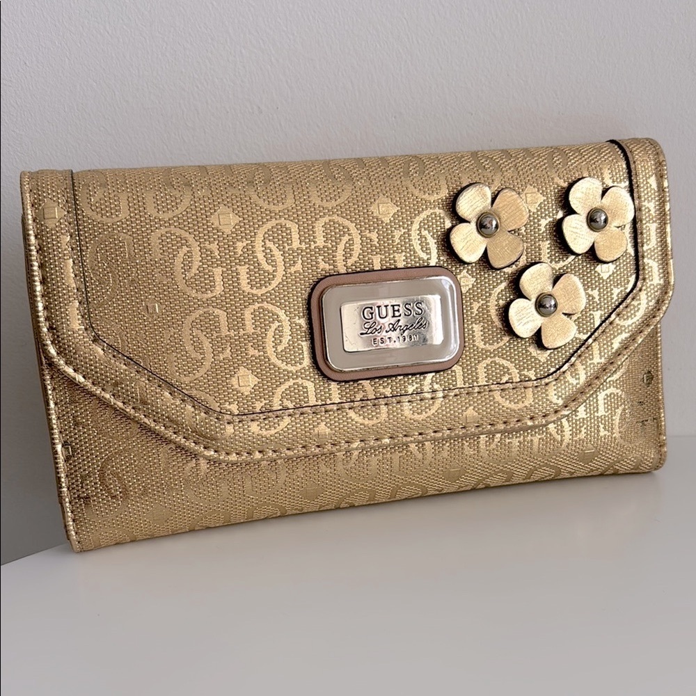 GUESS Gold Embossed Wallet with Floral Appliqués